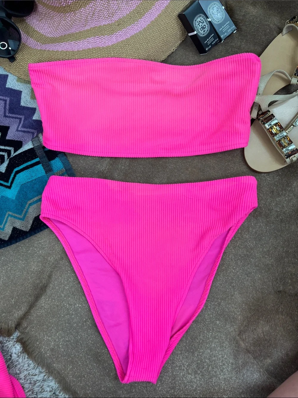 Frankies Bikinis 3 Pc Bikini Ribbed Set Austin, Jenna, Hi Cut Full Bottom Bandea